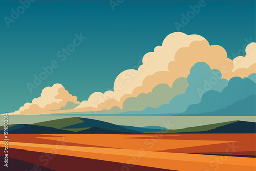 Vast desert landscape under dramatic cumulus clouds and blue sky