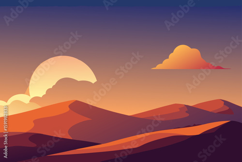 Vibrant desert dunes under a sunset sky with wispy clouds