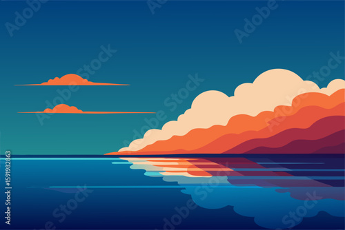 Serene sunset over calm water with reflecting clouds