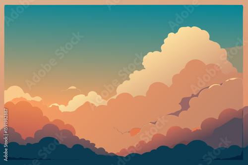Stylized cumulus clouds illuminated by sunset over a deep blue ocean