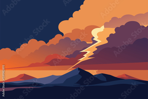 Dramatic desert storm with lightning over mountains and cacti