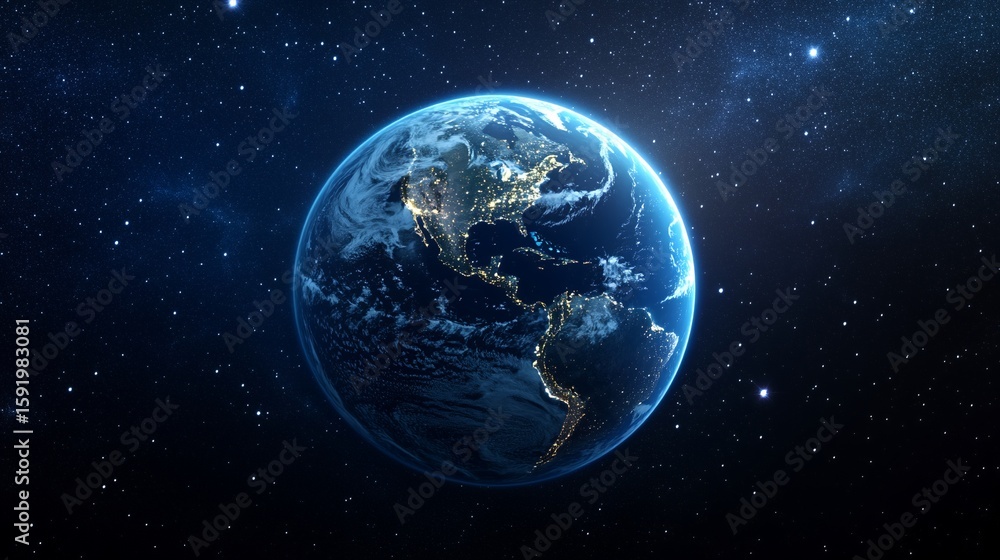 Fototapeta premium Earth View From Space Featuring City Lights and Starry Background
