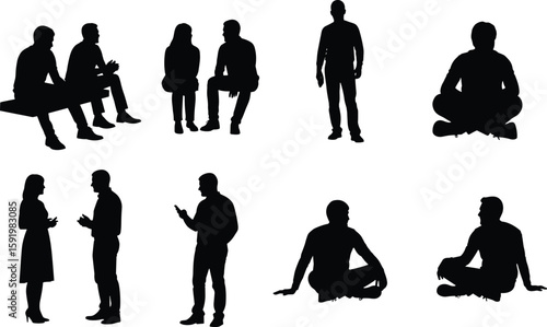 Silhouettes of people sitting, standing, talking, using phone, and relaxing on ground in casual poses, isolated vector illustration set