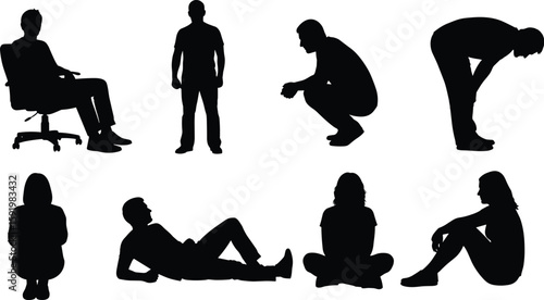 Silhouettes of people in various sitting, squatting, standing, and relaxed positions, isolated vector set on white background for design