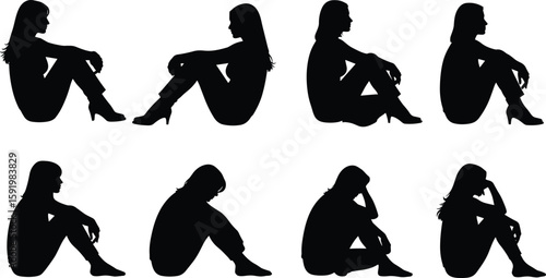 Silhouette of sad and thoughtful women sitting on floor in emotional poses, depression concept, isolated vector illustration set