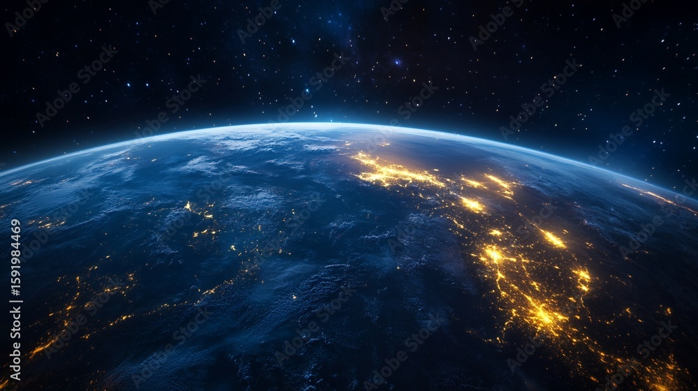 Fototapeta premium Earth From Space Showing City Lights at Night with Stars