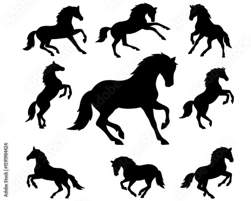 Collection of horse silhouettes set, horse icons in various poses, black color, isolated on white background
