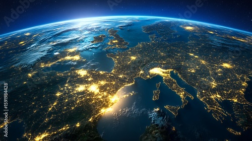 Earth at Night Europe From Space View with City Lights