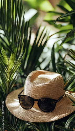 Sun hat and sunglasses among lush green tropical foliage