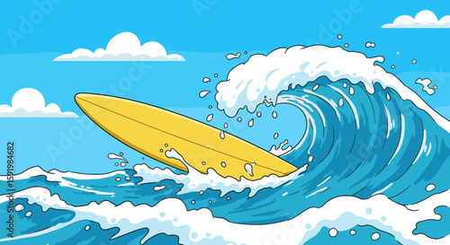 Surfboard riding a wave against a clear blue sky