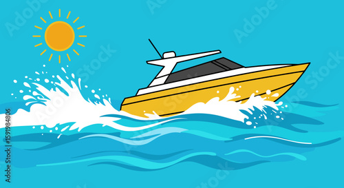 Illustration of a yellow boat sailing on ocean waves