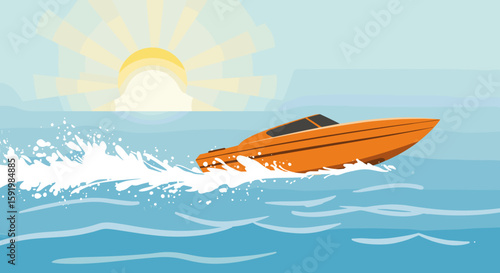 Speedboat cruising on water at sunrise