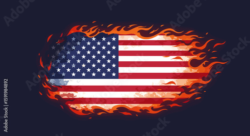 Burning American flag with flames on dark background