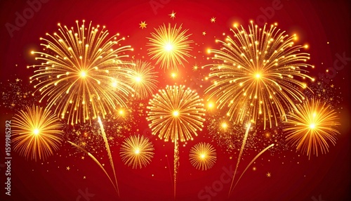 Wallpaper Mural Bright golden fireworks with twinkling stars, multiple firecrackers scattered in the night sky, realistic 3D lighting effects composition on a red background for festival. Torontodigital.ca