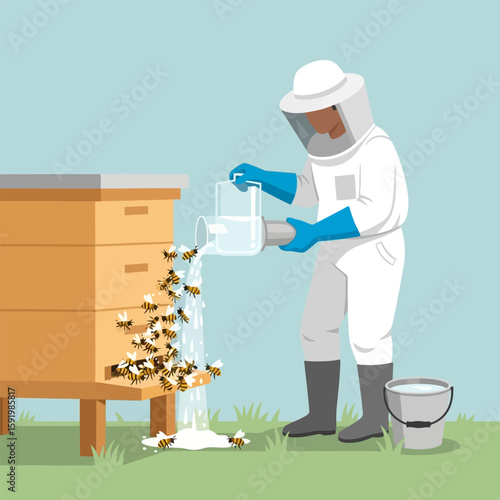 Beekeeper Pouring Liquid Into Beehive with Swarming Bees Illustration