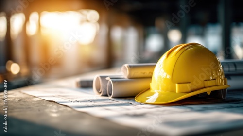 Construction safety gear job site photography industrial environment close-up view hard hat and plans