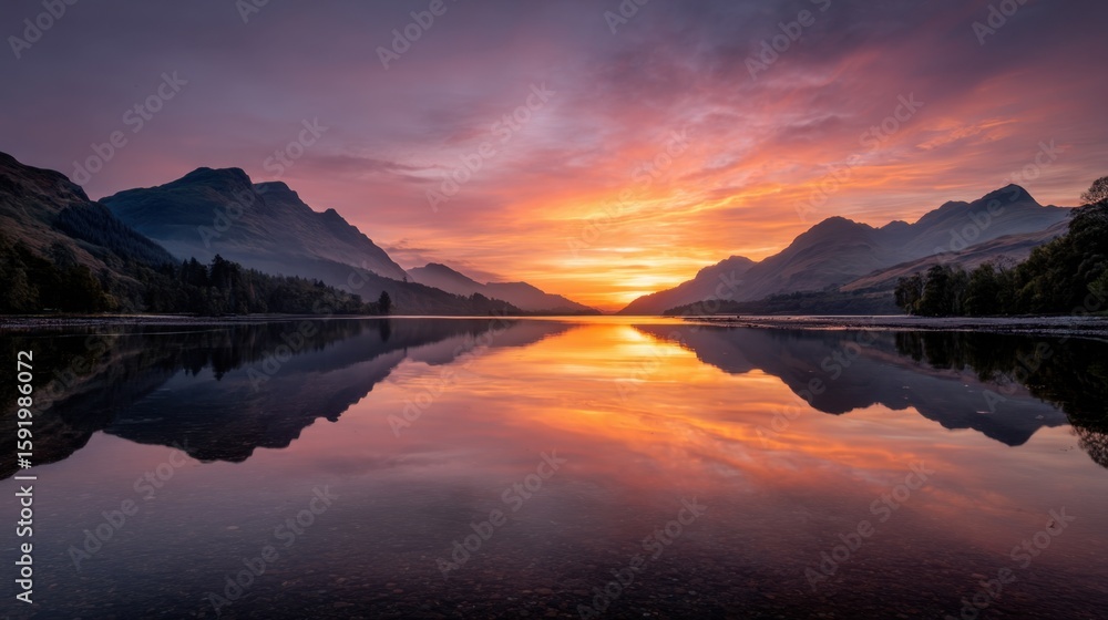 Fototapeta premium Sunset reflection over serene lake in majestic mountains landscape photography tranquil environment scenic view