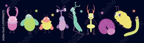 Cute colorful cartoon bugs and insects with big eyes and funny expressions. Whimsical flat illustration of fantasy beetles, caterpillars, worms, and imaginary creatures