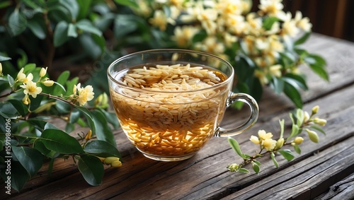 Genmaicha tea with toasted rice floating in a glass teacup, nestled among green foliage and soft yellow blossoms on a wooden table.