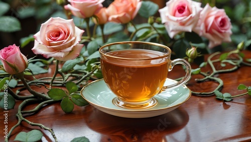 Darjeeling tea amber-colored in a fine china cup, with garden roses and vines surrounding it on a polished wooden table.