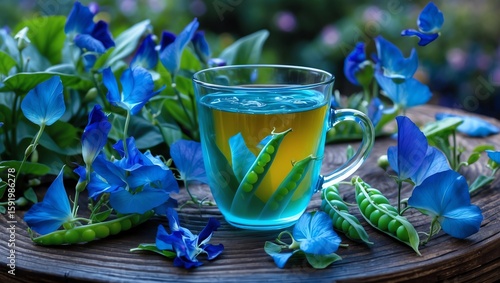 Blue pea flower tea glowing blue in a glass cup, surrounded by butterfly pea flowers on a whimsical wooden garden table.