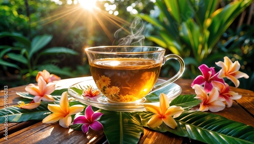 Ceylon tea in a glass teacup, surrounded by tropical flowers and leaves on a sunlit wooden table in a lush garden.
