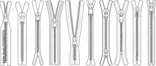 Set of zipper technical sketches, different zipper types, CAD fashion hardware design, black and white line drawing, flat vector illustration