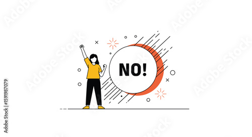 A person raises a hand in a gesture of refusal with the word no inside a red circle