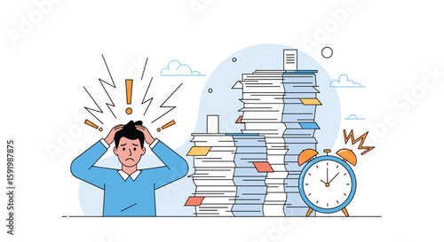 Overwhelmed worker struggling with excessive workload under time pressure facing deadline stress