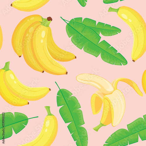 Seamless Pattern with Bananas and Tropical Leaves on Pink Background