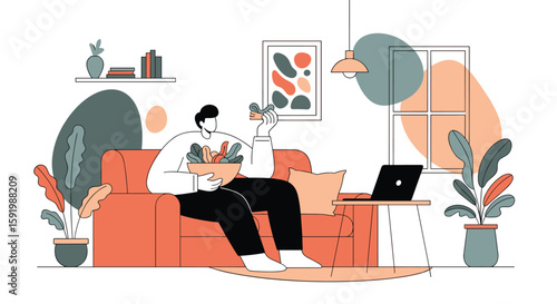 Enjoying a moment of relaxation at home with a fresh bowl of fruit while working remotely on a laptop