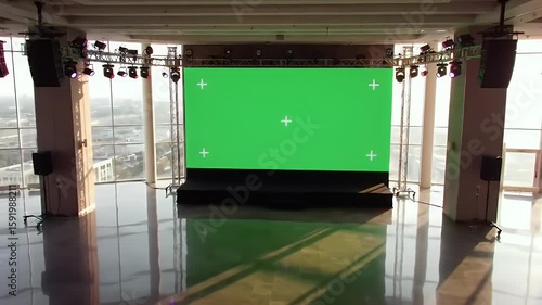 Empty Modern Event Space with Large Green Screen Display and Panoramic City View, Ready for Virtual Content