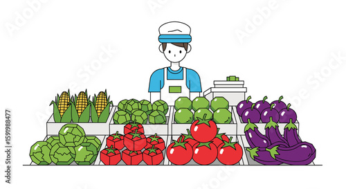 Fresh produce market scene featuring farmer and assortment of healthy foods