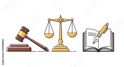 Justice and law concept with gavel scales and open book illustration