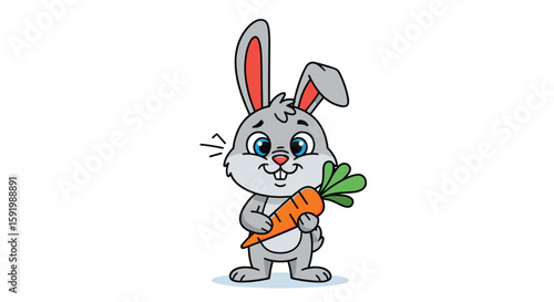Adorable cartoon rabbit holding a fresh carrot with big blue eyes