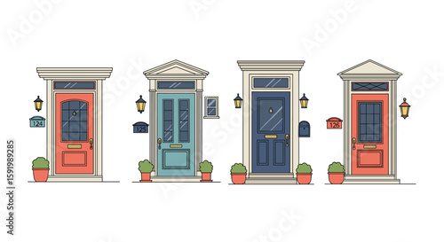 Charming front doors with unique architectural details and welcoming lanterns
