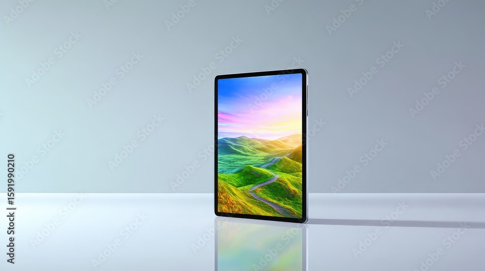Fototapeta premium A sleek tablet stands vertically on a reflective surface, displaying a vibrant landscape with rolling green hills and a colorful sunset sky.