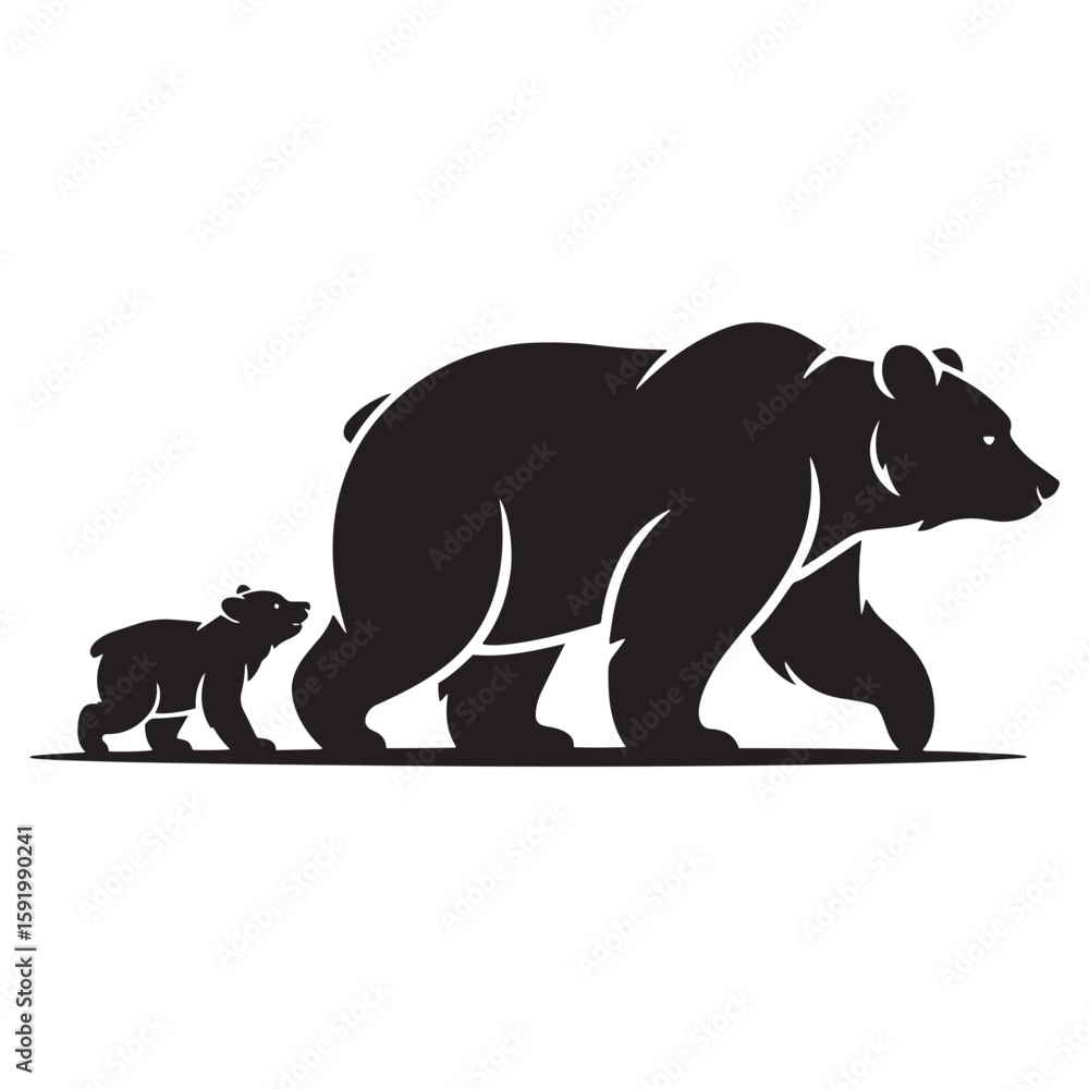 Fototapeta premium Bear Silhouette Mother Cub Animal Vector Art Black Illustration Wildlife Design