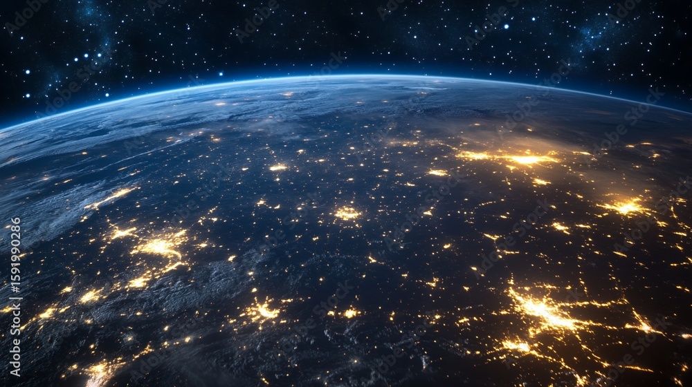 Fototapeta premium Earth From Space Showing City Lights and Atmosphere at Night