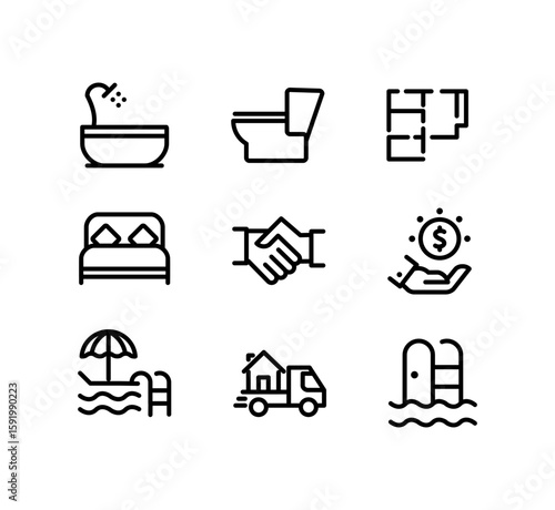 Property features icon set – editable stroke line icons for real estate, bathroom, bedroom, finance, pool, and mover service and more vector design.