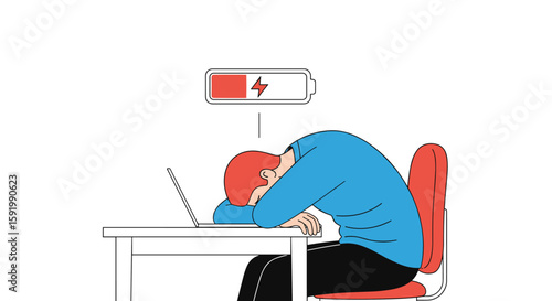 Man sleeping at desk exhausted worker napping over desk due to overwork stress burnout
