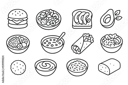 Breakfast food icon set: delicious line icons for morning meals