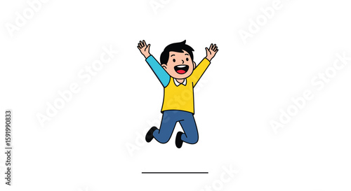 Excited young child celebrating joyfully with arms raised high up in the air