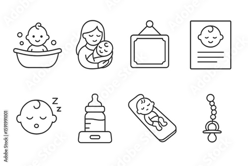 Baby care outline icon set. infant essentials, parenting icons in line style collection