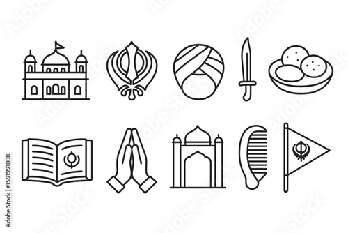 Sikhism culture line icon set. religion, heritage, symbols line collection
