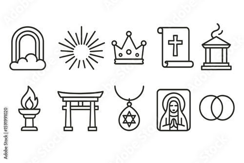 Religion and spirituality outline icon set. sacred symbols, faith icons collection