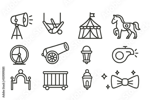 Circus and carnival line icon set: fun and playful outline collection