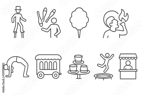 Circus and carnival line icon set. performers, attractions, activity line collection