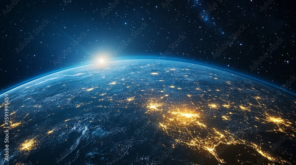 Fototapeta premium Earth at Night with City Lights and Sunrise Glow in Space