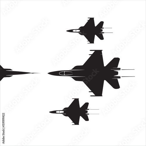 Four fighter jets flying in formation against a white background
